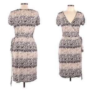 LOFT Leopard Print Like Faux Wrap‎ Dress Ruched Sleeve Midi Dress Medium NEW